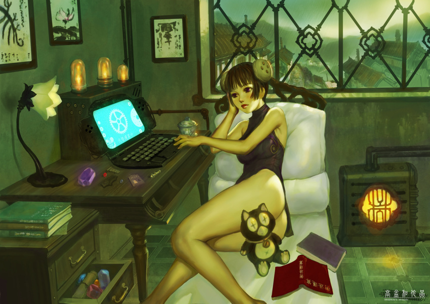 architecture ariverkao arm_support bare_legs bare_shoulders black_hair book china_dress chinese_clothes commentary computer crystal desk dress east_asian_architecture female indoors lamp legs original rain short_hair solo steampunk stuffed_animal stuffed_toy window