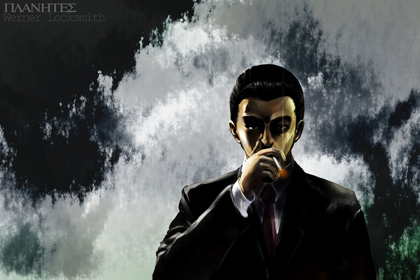 1boy black_eyes black_hair cigarette cloud commentary_request copyright_name dark data_(remmings_nest) expressionless formal male_focus necktie photoshop_(medium) planetes shirt smoke smoking solo suit tuxedo werner_locksmith