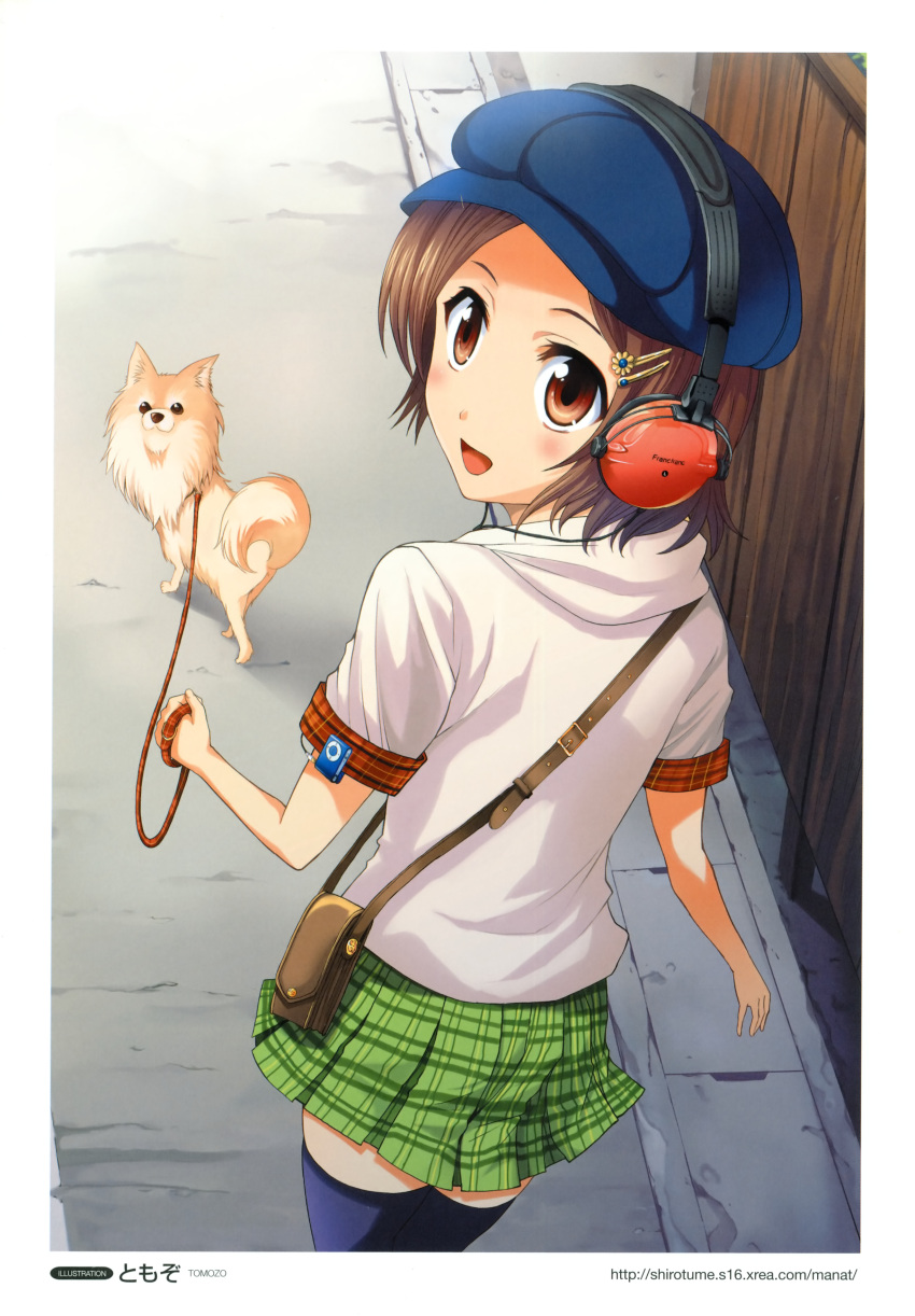 absurdres bag brown_eyes brown_hair cabbie_hat canine digital_media_player elecom female hair_ornament hairclip hat highres ipod ipod_shuffle leash looking_back original pet_walking plaid plaid_shirt plaid_skirt pomeranian_(dog) scan shirt short_hair skirt thighhighs tomozo_kaoru zettai_ryouiki