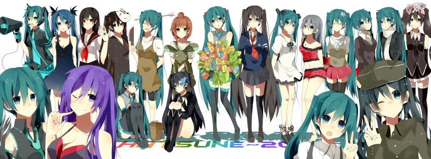 1925_(vocaloid) aqua_hair black_rock_shooter blue_eyes blue_hair dress flowers green_eyes green_hair hatsune_miku headphones koi_wa_sensou_(vocaloid) long_hair romeo skirt thighhighs tie twintails vocaloid when_the_first_love_ends_(vocaloid) world world_is_mine_(vocaloid)