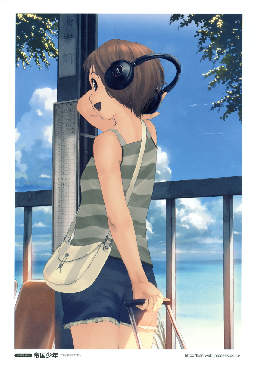 absurdres bag bare_shoulders black_shorts cloud cloudy_sky day female from_behind handbag headphones highres jvc ocean open_mouth original outdoors scan shorts sky solo standing striped tank_top teikoku_shounen