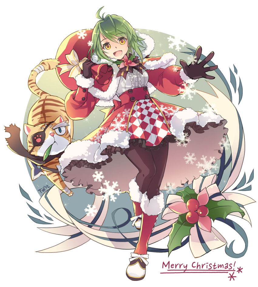 :d adapted_costume bag boots capelet christmas commentary_request dress english_text eyepatch feiwing feline female fur_trim gloves green_hair highres holly hood looking_at_viewer merry_christmas open_mouth pantyhose paw_print photoshop_(medium) ruko_(tartaros) sack santa_costume signature skirt smile tartaros_online thighhighs yellow_eyes