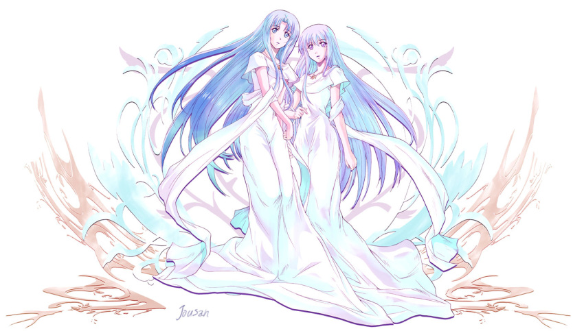 2girls ancient_ys_vanished blue_eyes blue_hair commentary_request dress feena_(ys) full_body jewelry long_hair multiple_girls necklace reah_(ys) sash siblings signature sisters twins white_background white_dress white_theme xiacheng_tatsuya ys