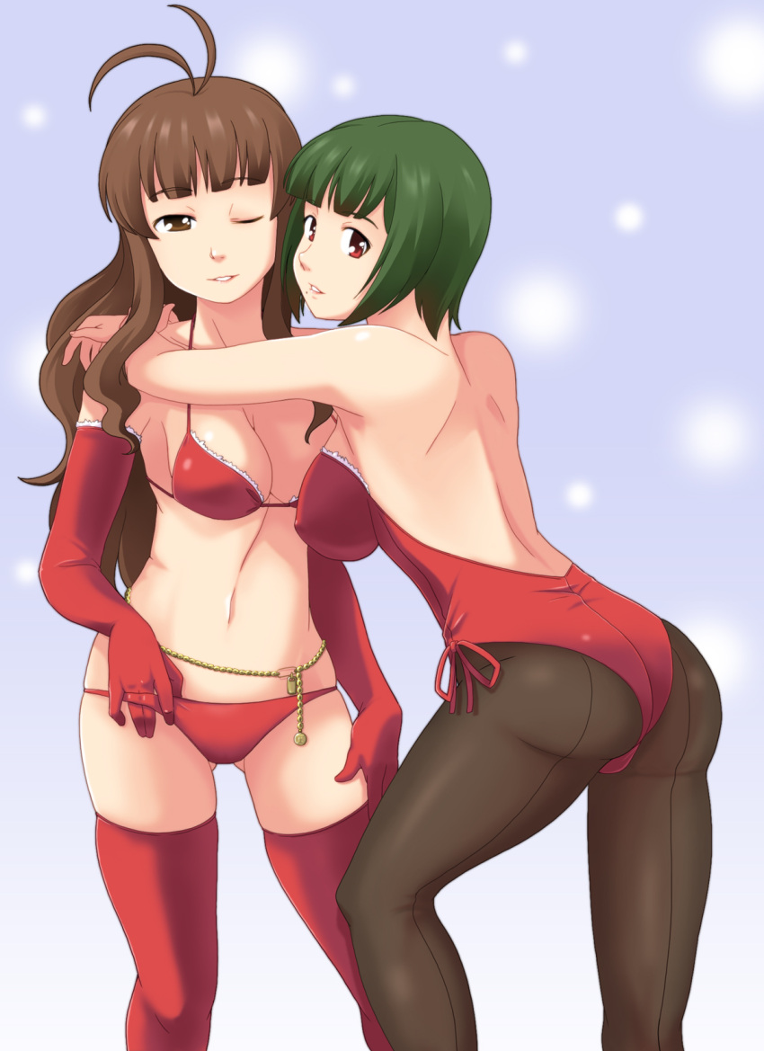 2girls antenna_hair ass back backless_leotard bare_back bare_shoulders belly_chain bikini blunt_bangs brown_eyes brown_hair commentary_request elbow_gloves gloves green_hair hand_under_clothes hand_under_swimsuit hidaka_mai highres hug idolmaster idolmaster_(classic) idolmaster_dearly_stars jewelry leotard long_hair mole mole_under_mouth multiple_girls one_eye_closed otonashi_kotori pantyhose photoshop_(medium) red_eyes red_legwear red_leotard short_hair skindentation swimsuit thighhighs toshifumi