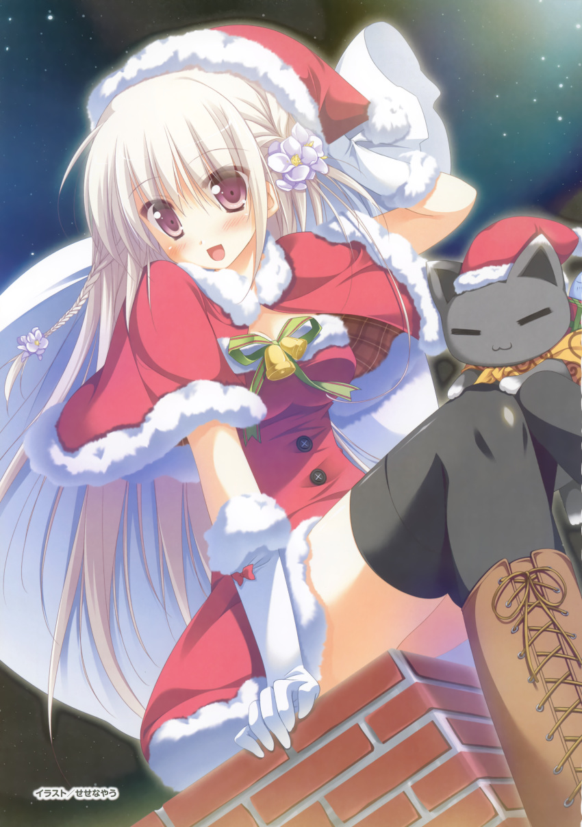 1/2_summer :d absurdres arm_support bell black_thighhighs blonde_hair blush boots bow braid chimney christmas elbow_gloves feline female flower gloves hair_flower hair_ornament hat highres kaminogi_ushio leaning_forward long_hair looking_at_viewer night open_mouth purple_eyes sack santa_costume santa_hat sesena_yau sky smile solo star_(sky) starry_sky thighhighs white_gloves