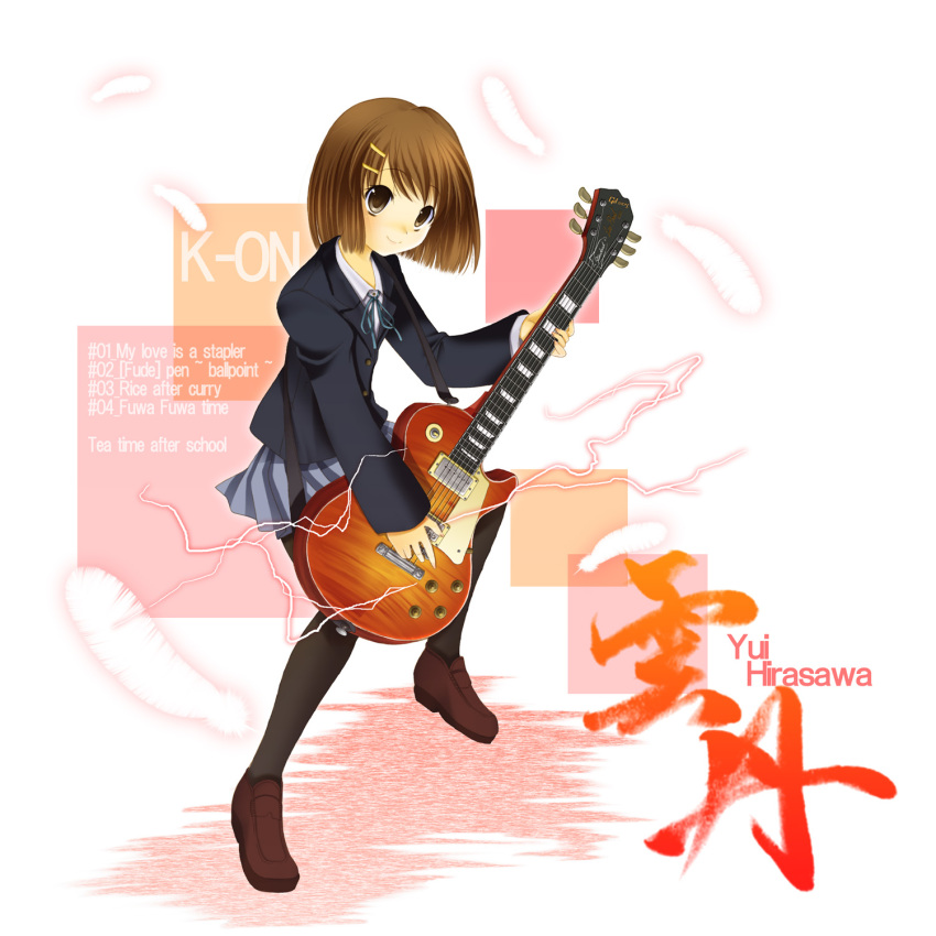 brown_eyes brown_hair character_name commentary_request feathers female guitar hair_ornament hairclip highres hirasawa_yui instrument k-on! nashigami_tsubute pantyhose photoshop_(medium) short_hair smile solo