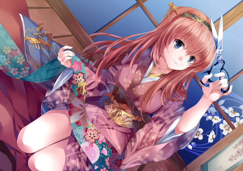 bad_id bad_pixiv_id blue_eyes dutch_angle enbizaka_no_shitateya_(vocaloid) evillious_nendaiki female japanese_clothes kimono long_hair megurine_luka photoshop_(medium) pico_(picollector79) pink_hair pink_kimono scissors sitting smile solo sudou_kayo vocaloid