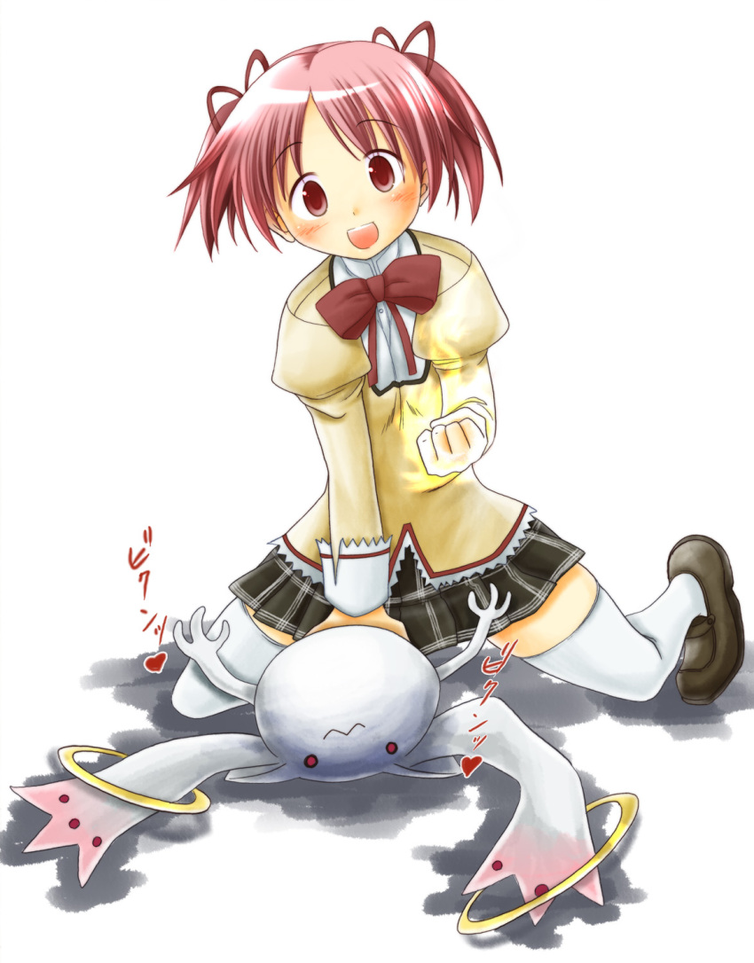 :d commentary_request female highres kaname_madoka kyuubee mahou_shoujo_madoka_magica mahou_shoujo_madoka_magica_(anime) mitakihara_school_uniform nashigami_tsubute open_mouth photoshop_(medium) pink_eyes pink_hair ribbon school_uniform short_hair short_twintails skirt smile twintails