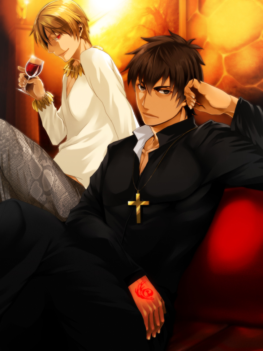 2boys alcohol blonde_hair bracelet brown_eyes brown_hair casual command_spell commentary_request cross cup drinking_glass earrings fate/stay_night fate/zero fate_(series) gilgamesh_(fate) highres jewelry korean_commentary kotomine_kirei male_focus multiple_boys necklace official_alternate_costume red_eyes sakichi sitting snake_print wine wine_glass