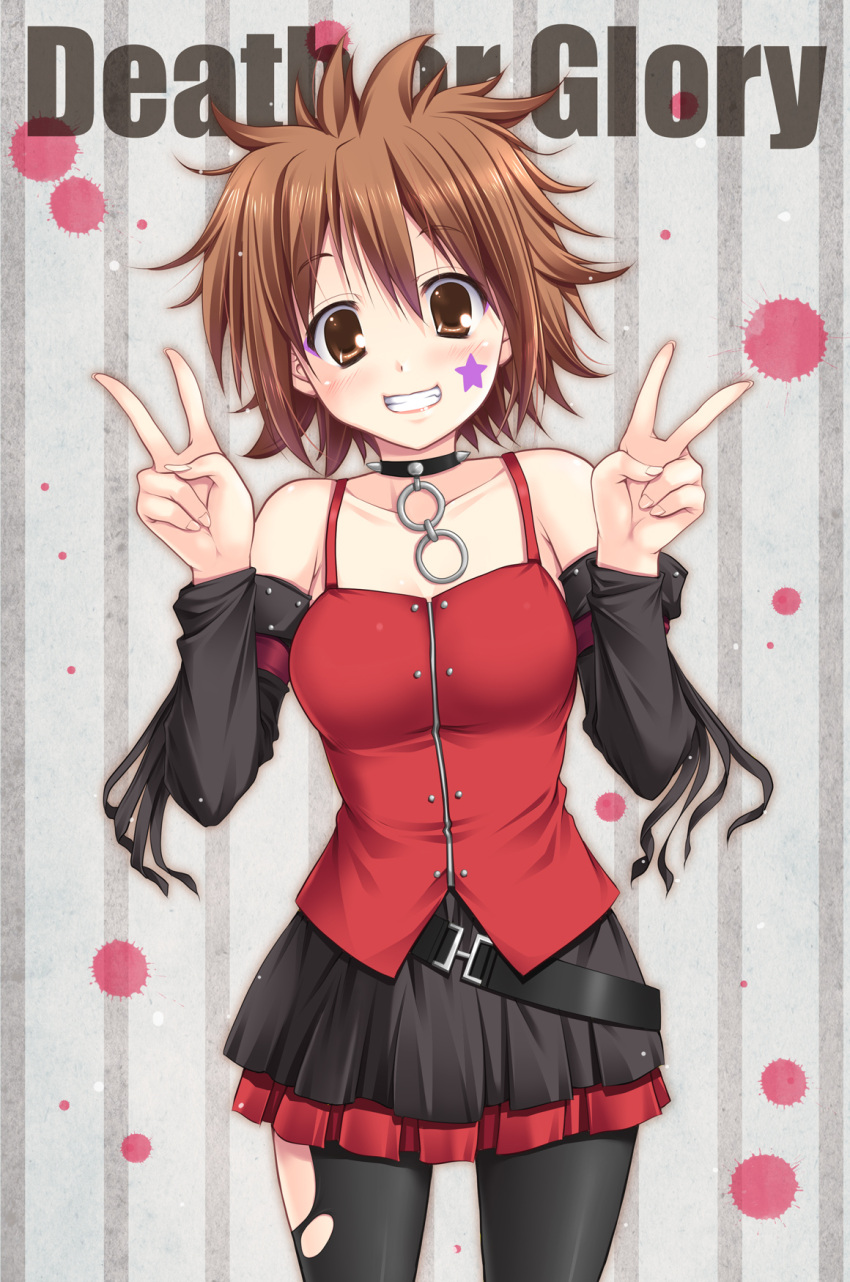 belt brown_eyes brown_hair choker collar commentary_request death_devil detached_sleeves double_v english_text facepaint female grin highres hirasawa_yui k-on! messy_hair miyai_sen pantyhose skirt smile solo spiked_collar spikes torn_clothes torn_pantyhose v