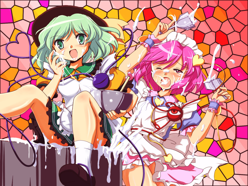 2girls apron bowl chocolate commentary_request cooking_pot flx green_eyes green_hair hat headdress highres komeiji_koishi komeiji_satori mosaic_background multiple_girls open_mouth painttool_sai_(medium) pink_eyes pink_hair sexually_suggestive siblings sisters spatula stained_glass touhou white_chocolate