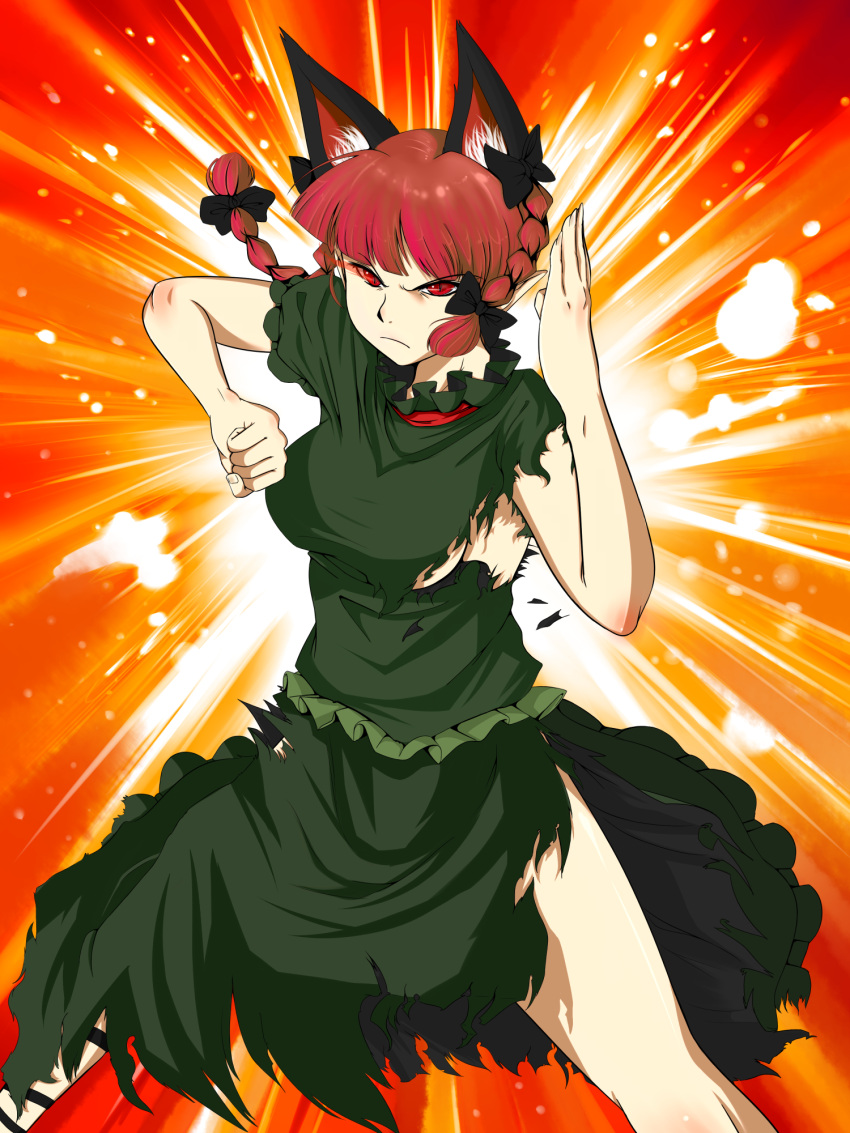 animal_ears braid breasts cat_ears commentary_request extra_ears female fighting_stance highres kaenbyou_rin medium_breasts meganemausu pointy_ears red_eyes red_hair sideboob solo torn_clothes touhou twin_braids twintails