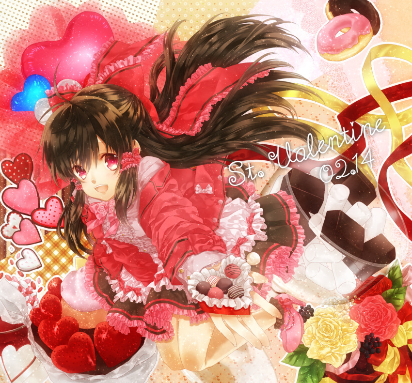 alternate_costume bad_id bad_pixiv_id bow box box_of_chocolates brown_hair cake chocolate doughnut female flower food frills fruit hair_tubes hairbow hakurei_reimu heart heart-shaped_box heart-shaped_food high_heels highres kujaku_renka long_hair open_box open_gift open_mouth outstretched_hand red_eyes rose shoes sidelocks skirt solo strawberry too_many too_many_frills touhou valentine