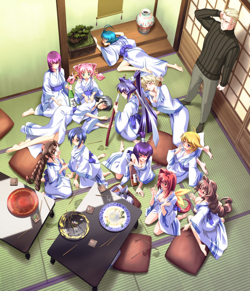 ahoge alfred_walken ayamine_kei black_hair blonde_hair blue_eyes blue_hair blush braid brown_hair closed_eyes drunk elena_piatif everyone game_cg green_eyes hair_ribbon high_res irma_thesleff jinguuji_marimo kagami_sumika kashiwagi_haruko katana kemonomimi kimono koubuin_yuuhi kouzuki_yuuko long_hair megane mitsurugi_meiya multiple_girls muvluv open_mouth oppai pink_hair ponytail purple_eyes purple_hair red_eyes red_hair ribbon sakaki_chizuru sake short_hair sleeping tamase_miki tatami twintails very_long_hair wafuku weapon white_hair yashiro_kasumi yoroi_mikoto yukata