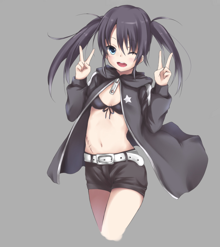 belt bikini bikini_top_only black_bikini black_hair black_rock_shooter black_rock_shooter_(character) black_shorts blue_eyes coat commentary_request double_v female highres midriff navel no_shirt scar short_shorts shorts solo swimsuit twintails v yuki_(sangeki5806)