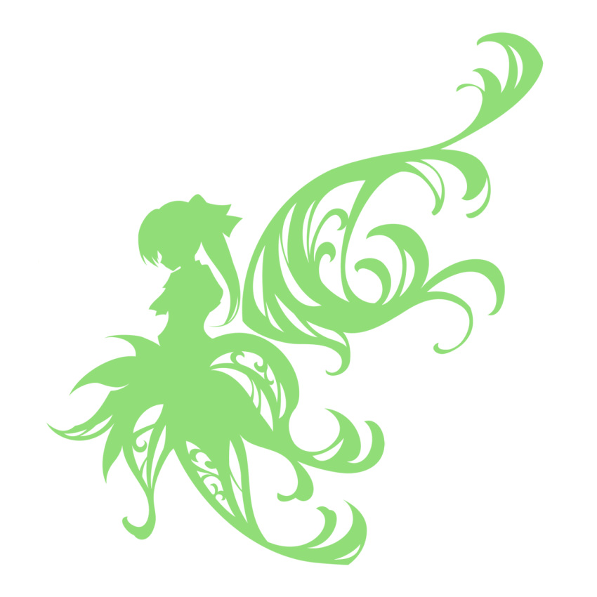 commentary_request daiyousei dress female green_theme hair_ribbon long_hair monochrome mumulatte profile ribbon silhouette simple_background solo touhou wings