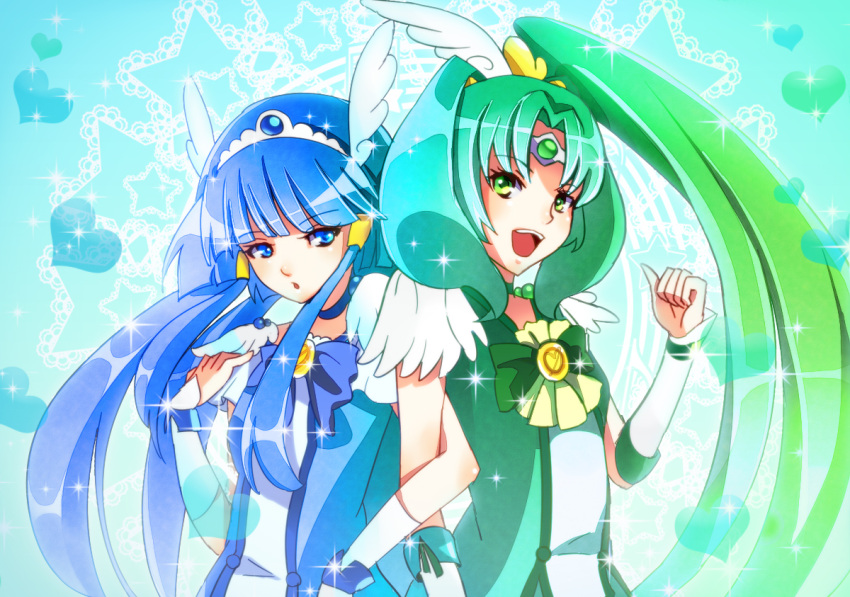 2girls aoki_reika aqua_background blue_eyes blue_hair bow bowtie choker commentary_request cure_beauty cure_march eyelashes green_bow green_bowtie green_choker green_eyes green_hair hair_tubes head_wings high_ponytail locked_arms long_hair magical_girl md5_mismatch midorikawa_nao multiple_girls ponytail precure saojou sidelocks smile smile_precure tiara tri_tails very_long_hair wings wrist_cuffs