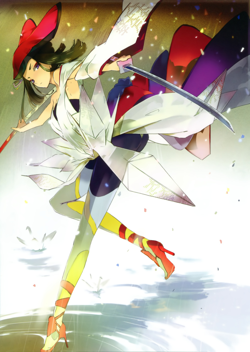 absurdres bare_shoulders black_hair female highres itachi_(3dt) katana original purple_eyes short_hair solo sword weapon