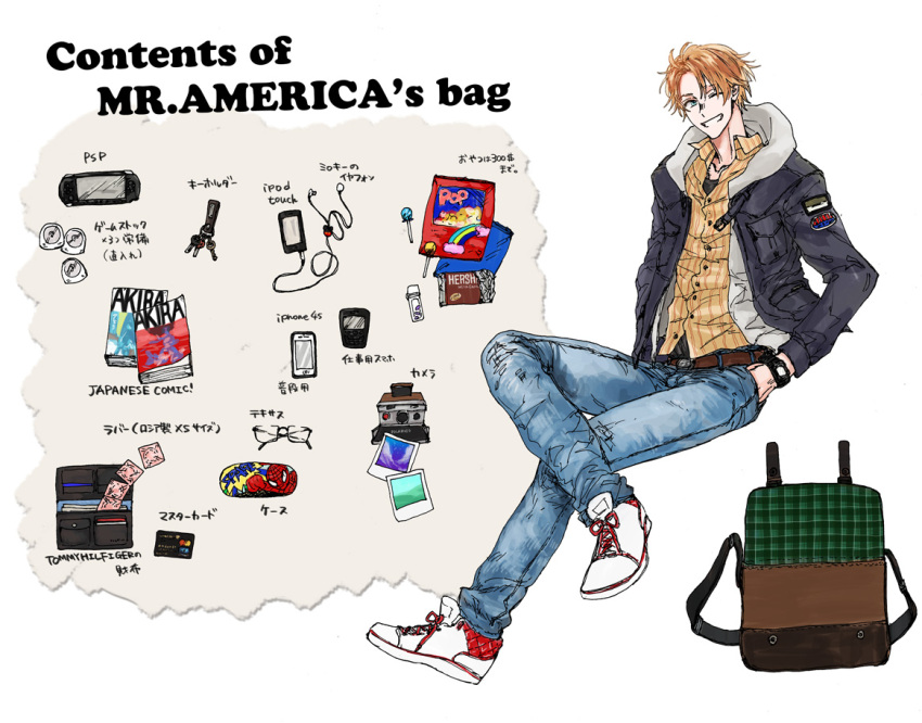 1boy akira_(manga) america_(hetalia) axis_powers_hetalia backpack bad_id bad_pixiv_id bag cameo camera candy cellphone condom condom_packet_strip condom_wrapper credit_card digital_media_player food glasses glasses_case handheld_game_console hershey's iphone ipod ipod_touch keyring lollipop male_focus manga_(object) marvel mastercard phone photo_(object) photoshop_(medium) playstation_portable polaroid polaroid_camera product_placement smartphone spider-man spider-man_(series) unworn_eyewear uyuki_(etoile) watch