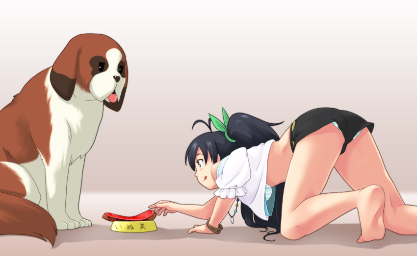 animal barefoot black_hair bra canine commentary_request feet female food ganaha_hibiki idolmaster idolmaster_(classic) inumi lingerie meat panties photoshop_(medium) ponytail st_bernard striped_bra striped_clothes striped_panties toshifumi underwear