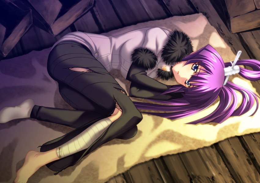 bandages fetal_position game_cg high_res koubuin_yuuhi long_hair lying muvluv open_mouth ponytail purple_eyes purple_hair torn_clothes torn_pants winter_clothes