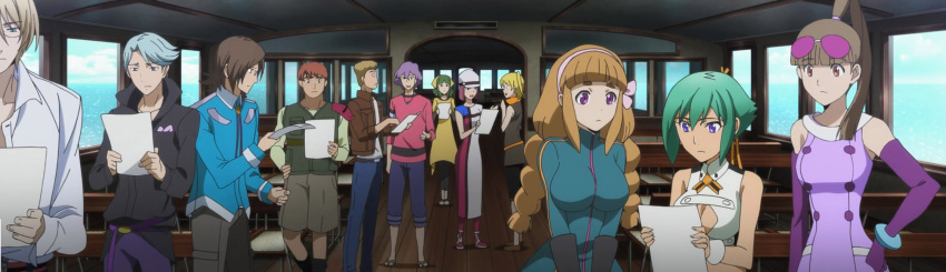 6_females 6_males aquarion_evol bracelet brown_hair cleavage goggles green_hair group hair_band interior jeans long_dress pants papers ponytail screen_capture shorts shrade_elan sousei_no_aquarion studious tight_fitting_clothes twintails white_shirt windows zessica_wong