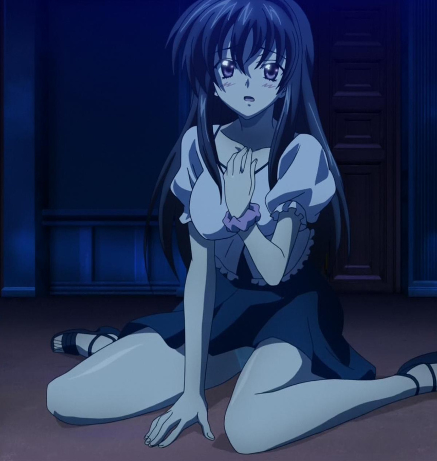 amano_yuuma blue_eyes blush deceitful door fake faux_innocence faux_persona hand_on_chest highschool_dxd interior looking_at_viewer pantsu pleading screen_capture skirt strap_shoes wristband