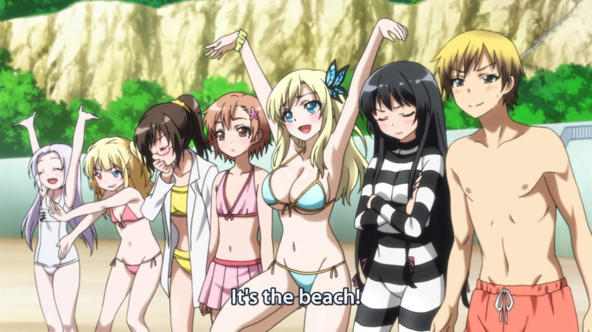 6+girls arms_upwaki beach bikini black_hair blonde_hair blue_eyes bodysuit boku_wa_tomodachi_ga_sukunai breasts brown_hair butterfly cleavage closed_eyes crossed_arms hair_ornament hasegawa_kobato hasegawa_kodaka kashiwazaki_sena kusunoki_yukimura labcoat large_breasts long_hair male megane mikazuki_yozora miniskirt mizugi multicolored_hair multiple_girls navel one-piece_swimsuit oppai pettanko pleated_skirt ponytail red_eyes shiguma_rika short_hair shorts side-tie_bikini silver_hair skirt sukumizu takayama_maria topless twintails white_school_swimsuit