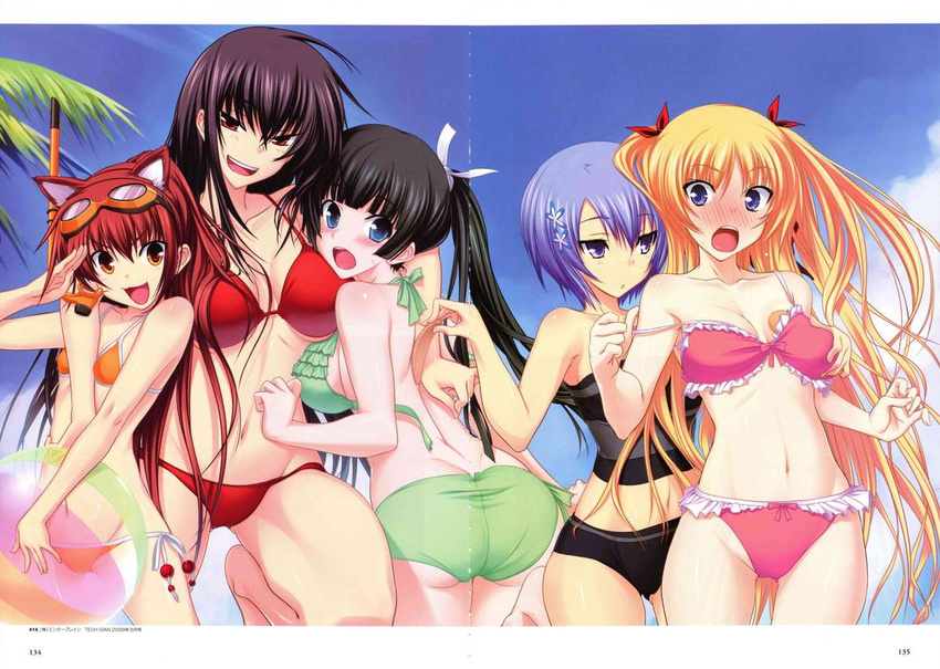 5girls ball bikini black_hair blonde_hair blue_eyes blue_hair blush breast_squeeze christiane_friedrich cleavage embarrassed fake_animal_ears goggles kawagishi_keitarou kawakami_kazuko kawakami_momoyo long_hair maji_de_watashi_ni_koi_shinasai! mayuzumi_yukie mizugi multiple_girls official_art open_mouth oppai oshiri pettanko ponytail purple_eyes red_eyes red_hair salute shiina_miyako short_hair side-tie_bikini snorkel twintails very_long_hair yellow_eyes