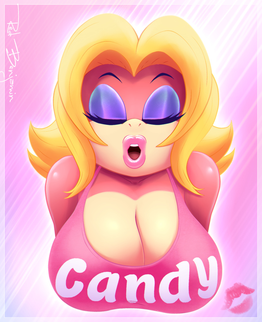 1girls anthro blonde_hair breasts bust_portrait candy_kong cleavage closed_eyes donkey_kong_(series) english_text eyeshadow female furry highres imminent_kiss incoming_kiss kiss_mark large_breasts lips lipstick makeup mammal nintendo open_mouth pink_lipstick portrait pov_kiss primate redbenjamin solo solo_female solo_focus tank_top text