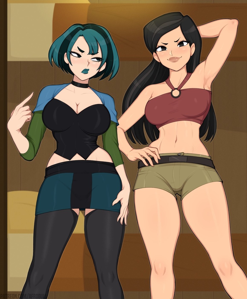 2girls 5_fingers abs afrobull arm_up armpits bare_shoulders big_breasts black_heels blue_hair blue_lipstick cartoon_network cleavage closed_mouth clothed clothed_female clothing dark_hair eyes female female_only goth goth_girl gwen_(tdi) heather_(tdi) high_heels human jpeg long_hair looking_annoyed looking_at_viewer multicolored_hair multiple_girls open_eyes posing short_hair short_shorts signature simple_background skirt standing total_drama_island voluptuous voluptuous_female