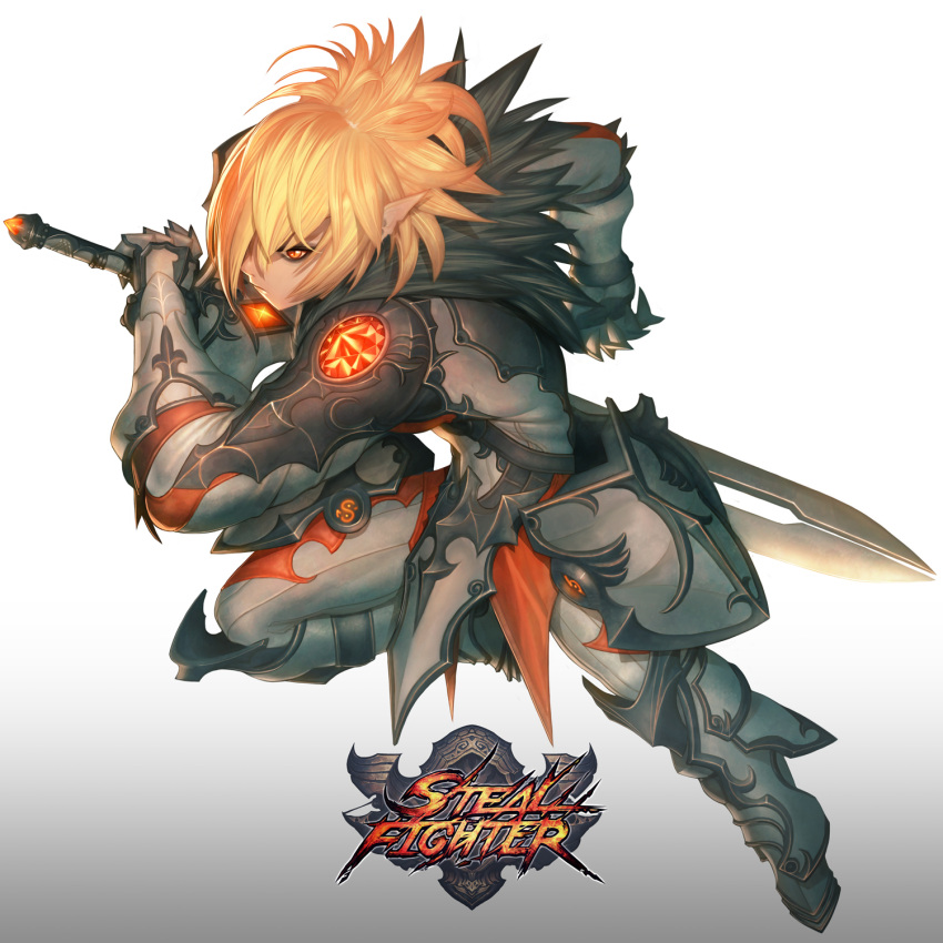 1boy alien1452 armor bad_link blonde_hair character_request copyright_name faulds full_body fur_trim gauntlets gradient_background hair_over_one_eye highres male_focus photoshop_(medium) pointy_ears serious solo steal_fighter sword weapon white_background yellow_eyes