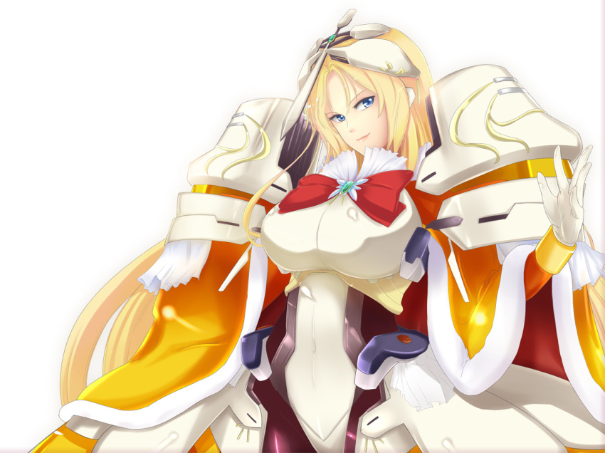 armor blonde_hair bodysuit bow commentary_request elizabeth_(horizon) female gloves headpiece kyoukaisenjou_no_horizon long_hair pantyhose photoshop_(medium) smile solo srkh