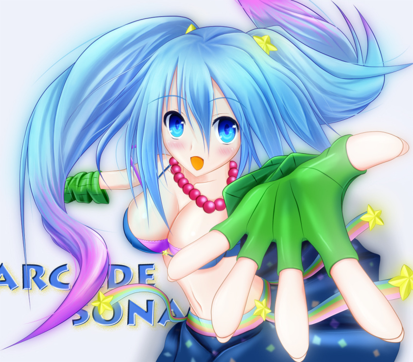 arcade_sona artistic_error blue_eyes blue_hair blush bra breasts character_name cleavage collarbone commentary_request female fingerless_gloves fingernails gloves gradient_hair hair_ornament jewelry large_breasts league_of_legends long_hair midriff multicolored_hair navel necklace open_mouth photoshop_(medium) purple_bra purple_hair solo sona_(league_of_legends) star_(symbol) underwear zepros0