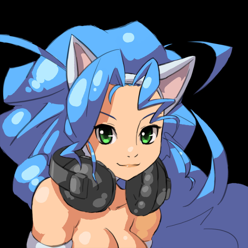 ahoge animal_ears bare_shoulders big_hair blue_hair breasts cat_ears cleavage felicia green_eyes headphones highres junkpuyo long_hair medium_breasts non-web_source smile solo upper_body vampire_(game)