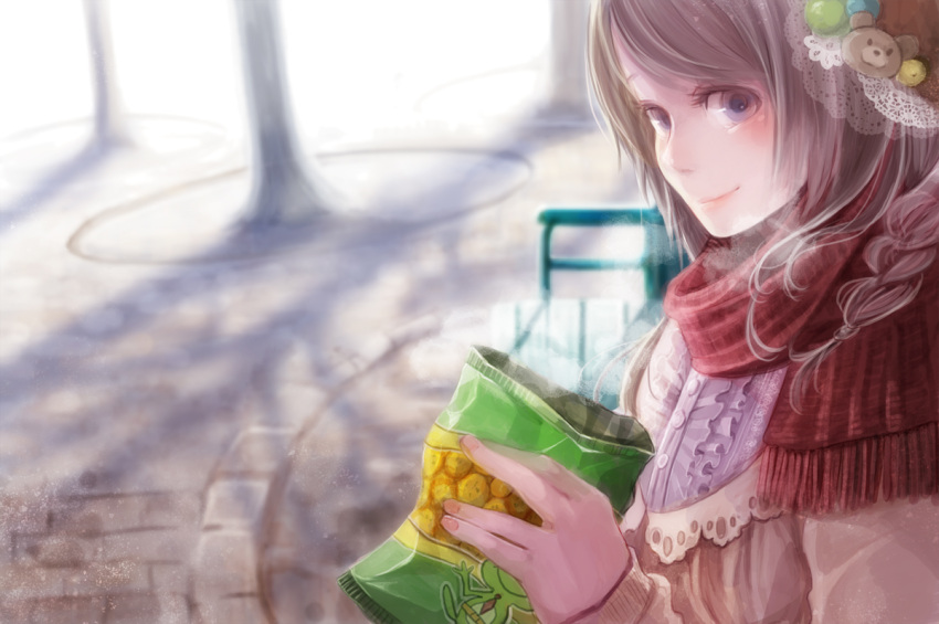 aka_tonbo_(lovetow) blue_eyes blush brown_hair commentary_request female hair_ornament holding looking_at_viewer original packet photoshop_(medium) scarf shadow smile solo sunlight tree