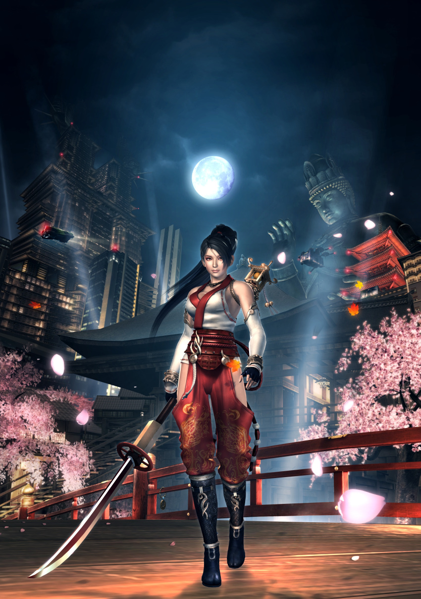 3d absurdres architecture black_hair boots breasts bridge brown_eyes cg cherry_blossoms city detached_sleeves east_asian_architecture female fingerless_gloves gloves highres japanese_clothes large_breasts long_hair momiji_(ninja_gaiden) moon naginata ninja_gaiden ninja_gaiden:_dragon_sword ninja_gaiden_2 ninja_gaiden_sigma ninja_gaiden_sigma_2 official_art pagoda polearm ponytail statue tecmo weapon