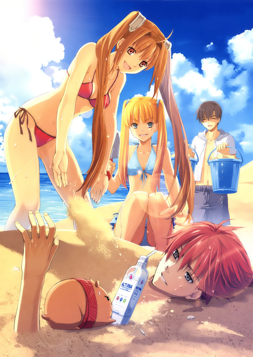 2boys 2girls :d absurdres adol_christin aisha_sari_edonas bare_shoulders beach bikini black_hair blonde_hair blue_bikini blue_eyes blue_sky breasts brown_hair bucket buried cleavage closed_eyes cloud company_connection day eiyuu_densetsu estelle_bright falcom flat_chest front-tie_top grey_eyes highres hood hoodie joshua_bright lens_flare long_hair multiple_boys multiple_girls navel non-web_source official_art open_mouth outdoors photoshop_(medium) red_bikini red_eyes red_hair scan short_hair side-tie_bikini_bottom sky smile sora_no_kiseki squatting string_bikini sweat sweatdrop swimsuit trowel twintails water ys ys_vs_sora_no_kiseki_alternative_saga