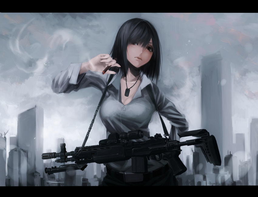 battle_rifle belt black_hair breasts building cigar city cleavage dog_tags female gun holding letterboxed lips looking_at_viewer m14 mk_14_mod_0_ebr mk_14_rifle original rifle shirt skyscraper sling smoke solo taut_clothes taut_shirt terabyte_(rook777) weapon white_shirt