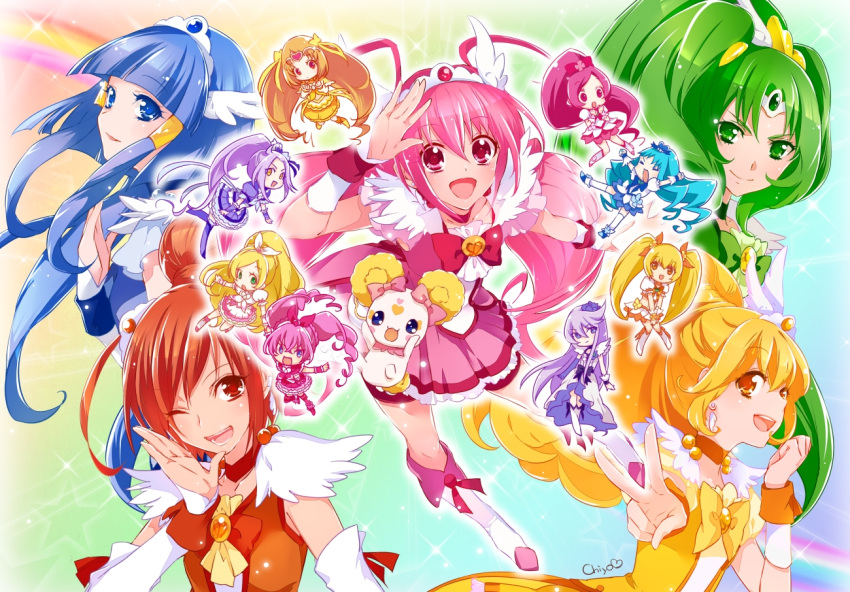 6+girls antenna_hair aoki_reika arms_up bike_shorts blonde_hair blue_eyes blue_hair boots bow bowtie brooch bubble_skirt candy_(smile_precure!) chibi chiyo_(rotsurechiriha) choker commentary_request creature cure_beat cure_beauty cure_blossom cure_happy cure_march cure_marine cure_melody cure_moonlight cure_muse_(yellow) cure_peace cure_rhythm cure_sunny cure_sunshine elbow_gloves gloves green_eyes green_hair hair_bun hair_flaps hair_ribbon hair_tubes hanasaki_tsubomi head_wings heart heartcatch_precure! high_ponytail hino_akane_(smile_precure!) hoshizora_miyuki houjou_hibiki in-franchise_crossover jewelry knee_boots kurokawa_eren kurumi_erika long_hair low_twintails magical_girl midorikawa_nao minamino_kanade multiple_girls myoudouin_itsuki orange_bow orange_choker orange_hair pink_bow pink_choker pink_eyes pink_hair pink_skirt pink_wrist_cuffs ponytail precure purple_eyes purple_hair rainbow_background red_bow red_bowtie red_eyes ribbon seiren_(suite_precure) shirabe_ako short_hair shorts shorts_under_skirt sidelocks single_elbow_glove single_glove single_hair_bun skirt smile smile_precure suite_precure thighhighs tiara tsukikage_yuri twintails white_legwear wide_ponytail wings wrist_cuffs yayoi_kise yellow_bow yellow_eyes