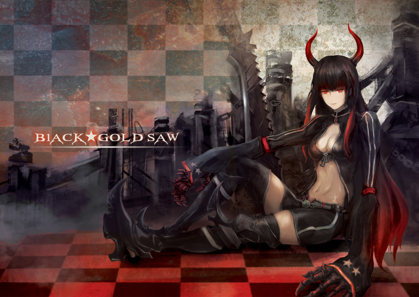 armor black_gold_saw black_rock_shooter black_shorts black_thighhighs boots bsl character_name checkered claws commentary_request female gradient_hair greaves highres horns king_saw multicolored_hair photoshop_(medium) red_eyes shorts solo thighhighs