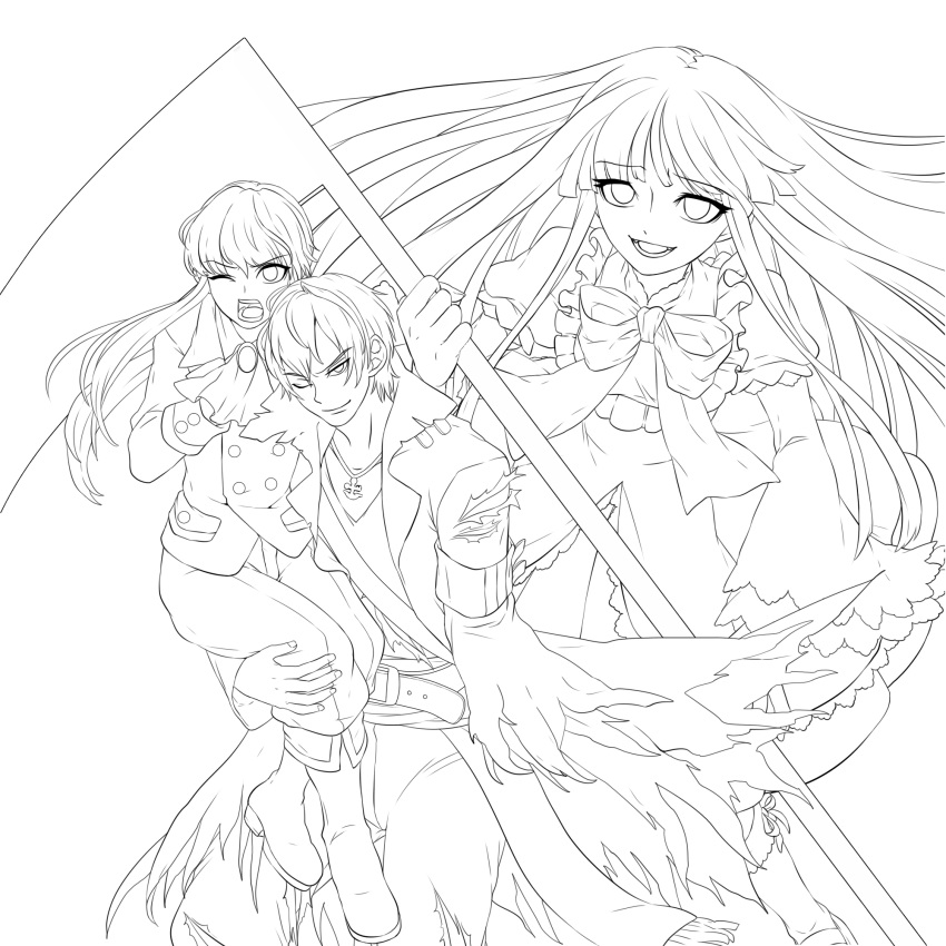 2boys commentary_request female frederica_bernkastel greyscale highres holding holding_scythe line_art long_hair monochrome multiple_boys niso open_mouth scythe simple_background smile umineko_no_naku_koro_ni ushiromiya_lion very_long_hair white_background willard_h._wright