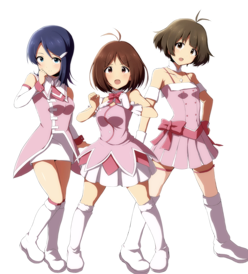 1boy 2girls :o absurdres akizuki_ryo androgynous antenna_hair bare_shoulders blue_hair blush boots bow breasts brown_hair commentary_request cross cross_necklace dearly_stars_(idolmaster) detached_sleeves dress hidaka_ai highres idolmaster idolmaster_dearly_stars jewelry looking_at_viewer medium_breasts mizutani_eri multiple_girls necklace otoko_no_ko pink_wrist_cuffs rariemonn red_eyes short_hair simple_background skirt small_breasts v-shaped_eyebrows white_background wrist_cuffs