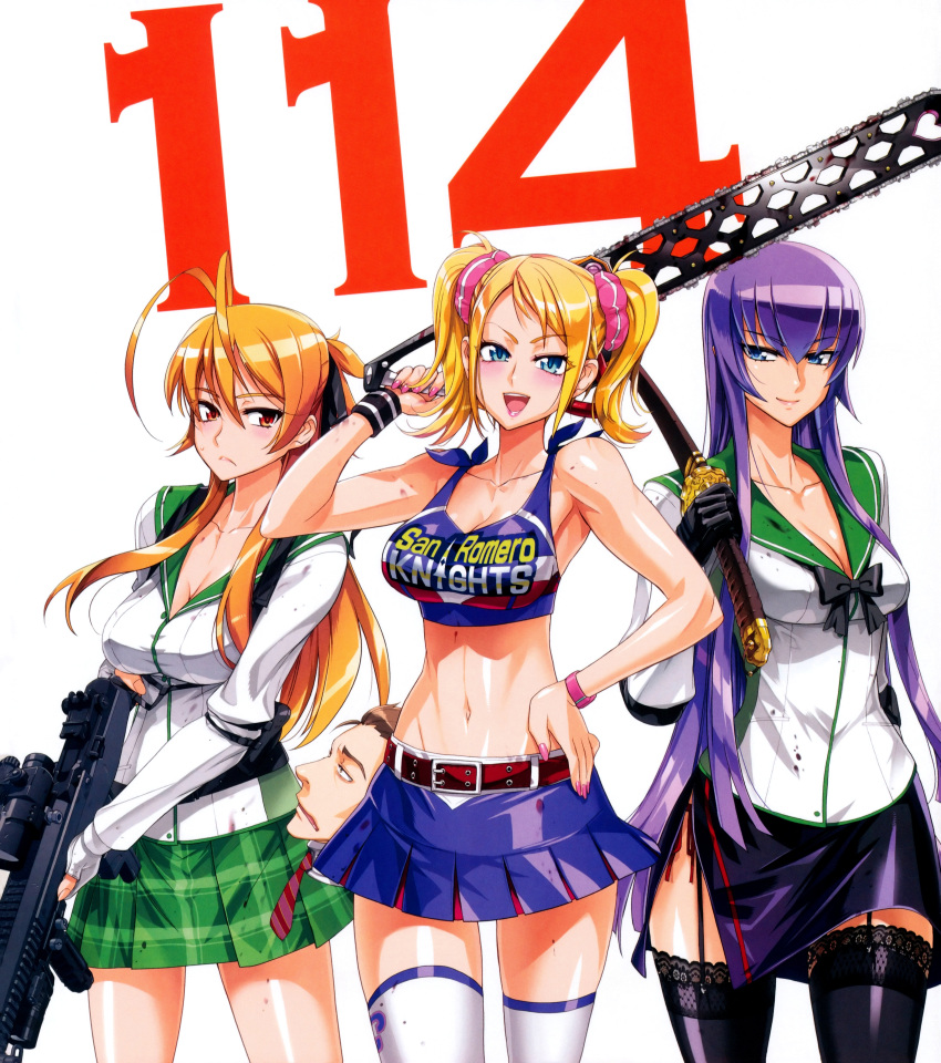 3girls absurdres antenna_hair battle_rifle belt black_legwear blonde_hair blue_eyes blush breasts brown_hair busujima_saeko chainsaw cheerleader cleavage clothes_writing collarbone crop_top crossover garter_straps gun hand_on_own_hip highres highschool_of_the_dead juliet_starling katana lace lace-trimmed_legwear lace_trim large_breasts lollipop_chainsaw m14 midriff miyamoto_rei multiple_girls nail_polish navel necktie nick_carlyle panties photoshop_(medium) pleated_skirt purple_hair red_eyes rifle satou_shouji scan school_uniform scope scrunchie severed_head shiny_skin shirt side-tie_panties side_slit skirt smile sword taut_clothes taut_shirt thighhighs twintails underwear weapon white_thighhighs zettai_ryouiki