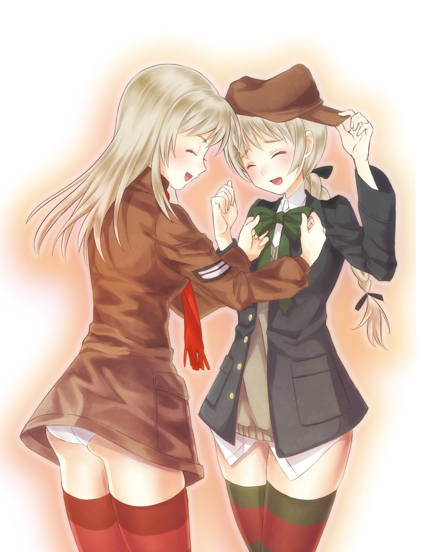 2girls ^_^ adjusting_clothes bad_id bad_pixiv_id borrowed_clothes braid brown_hair closed_eyes dressing_another eyebrows hair_ribbon happy hat headwear_switch highres lynette_bishop military military_uniform multiple_girls no_pants panties ribbon scarf siblings sideways_hat sisters smile strike_witches strike_witches:_katayoku_no_majo-tachi striped_clothes striped_thighhighs thighhighs totonii_(totogoya) underwear uniform unworn_headwear wilma_bishop world_witches_series