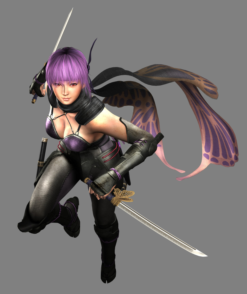 3d absurdres ayane_(doa) breasts cg cleavage dual_wielding highres large_breasts ninja ninja_gaiden ninja_gaiden_2 ninja_gaiden_3:_razor's_edge purple_hair scarf simple_background solo split-toe_footwear sword weapon