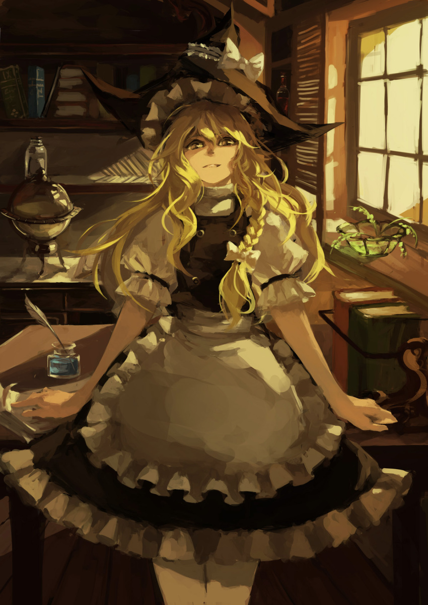 apron blonde_hair blush book bottle bow braid chemistry commentary_request female hat hat_bow highres kirisame_marisa long_hair pen photoshop_(medium) puffy_sleeves short_hair short_sleeves side_braid single_braid skirt solo test_tube touhou witch_hat yaozhiligenius yellow_eyes