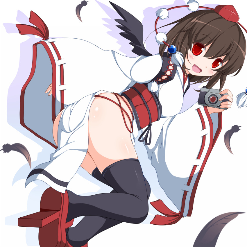 alternate_costume ass black_thighhighs black_wings blush brown_hair camera commentary_request feathers female geta highres japanese_clothes kourindou_tengu_costume looking_at_viewer md5_mismatch nikku_(ra) obi open_mouth red_eyes sash shameimaru_aya short_hair simple_background smile solo thighhighs touhou white_background wide_sleeves wings