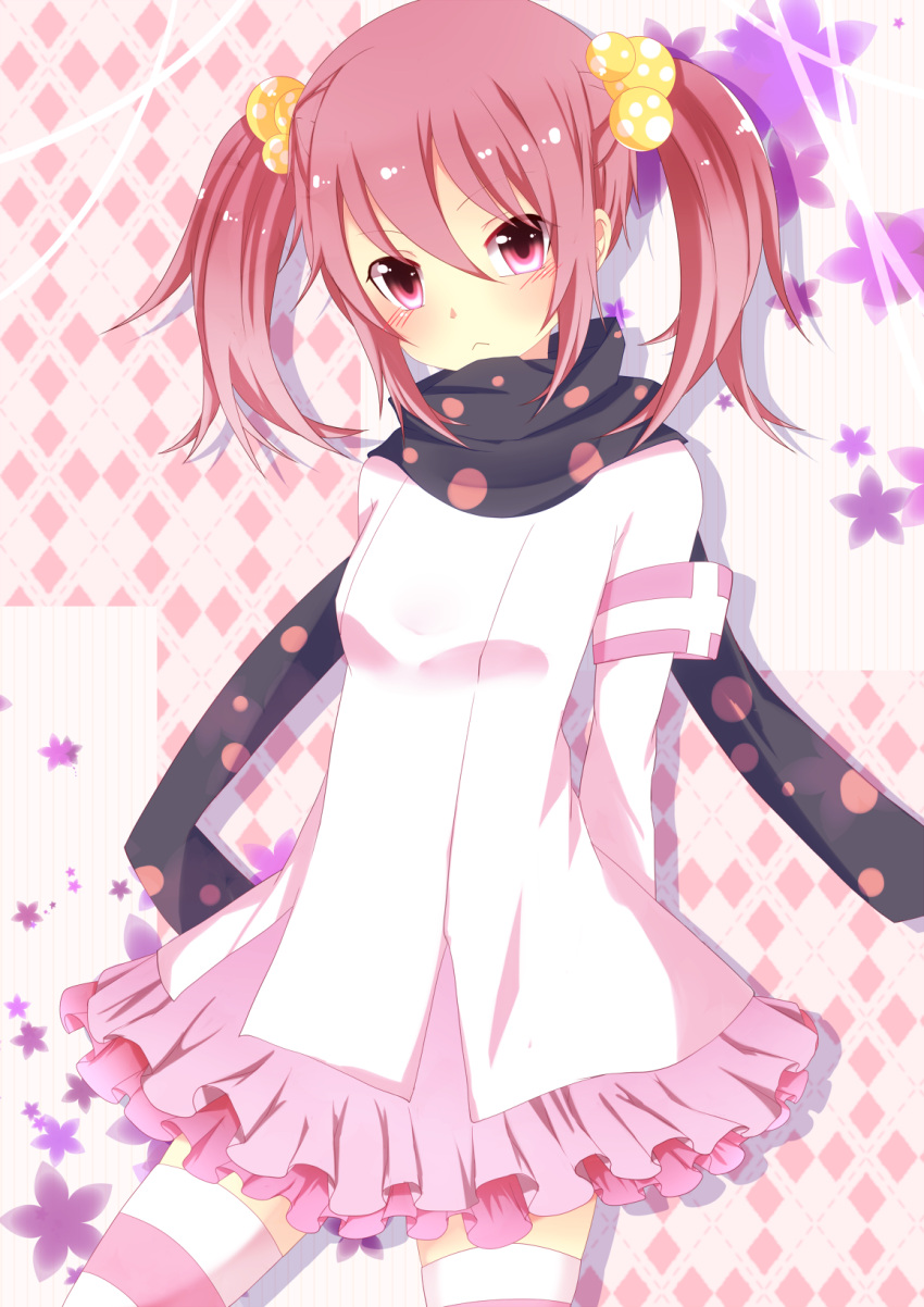 :< bloodcatblack charlotte_(madoka_magica) commentary_request female hair_bobbles hair_ornament highres magical_girl mahou_shoujo_madoka_magica mahou_shoujo_madoka_magica_(anime) personification pink_eyes scarf solo twintails