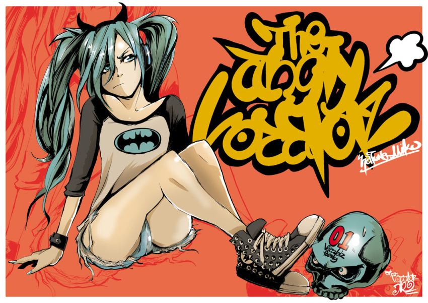 aqua_eyes aqua_hair aqua_nails batman_(series) character_name commentary_request dc_comics female full_body hatsune_miku jinbei long_hair nail_polish short_shorts shorts signature sitting skull solo sweatdrop torn_clothes twintails vocaloid wristband zoom_layer